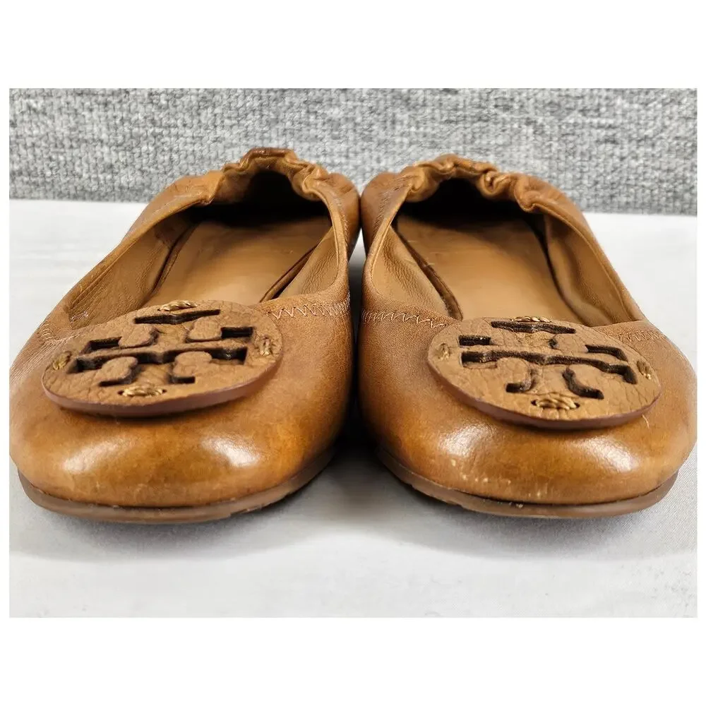 Tory Burch Tan Leather Logo Round Toe Ballet Flats - Picture 4 of 12